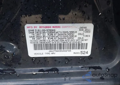2012 Mitsubishi Outlander Gt from USA, damaged, VIN JA4JT5AX3CU002725